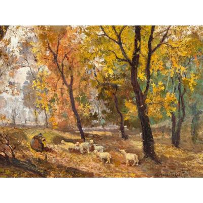 Antique Jeno Dukai Takach Hungarian Oil Painting of Sheep in a Landscape