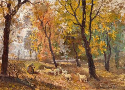 Antique Jeno Dukai Takach Hungarian Oil Painting of Sheep in a Landscape