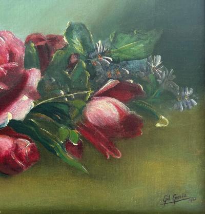 Antique Juan Gil Garcia Floral Still Life Oil Painting on Canvas Silvered Frame