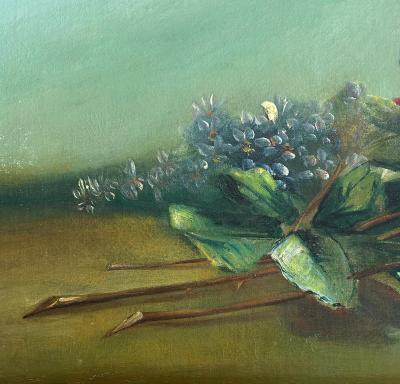 Antique Juan Gil Garcia Floral Still Life Oil Painting on Canvas Silvered Frame