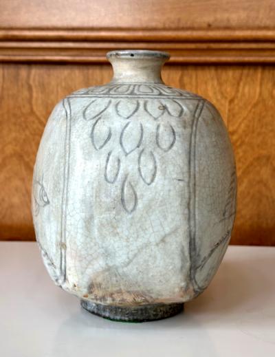 Antique Korean Buncheong Flat Bottle Vase with Incised Designs
