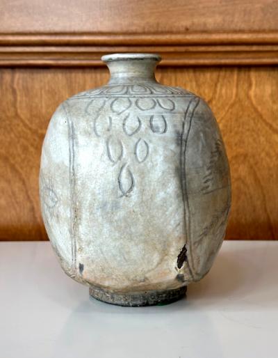 Antique Korean Buncheong Flat Bottle Vase with Incised Designs