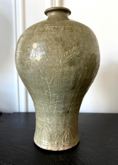 Antique Korean Celadon Ceramic Meiping Vase with Slip Inlay Goryeo Dynasty