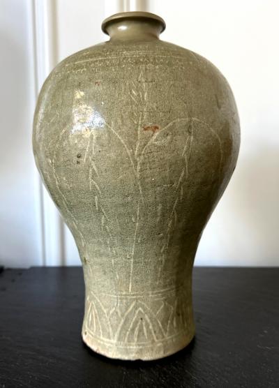 Antique Korean Celadon Ceramic Meiping Vase with Slip Inlay Goryeo Dynasty