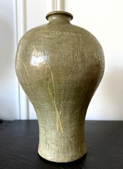 Antique Korean Celadon Ceramic Meiping Vase with Slip Inlay Goryeo Dynasty