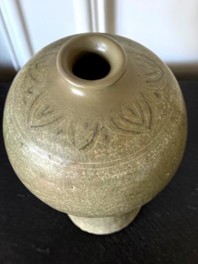 Antique Korean Celadon Ceramic Meiping Vase with Slip Inlay Goryeo Dynasty