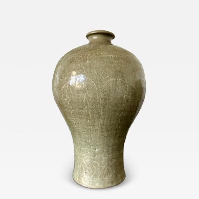 Antique Korean Celadon Ceramic Meiping Vase with Slip Inlay Goryeo Dynasty
