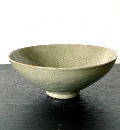 Antique Korean Ceramic Bowl with Carved Design Goryeo Dynasty