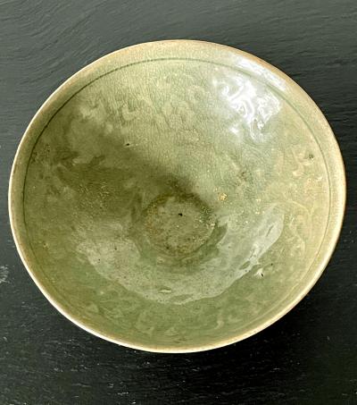 Antique Korean Ceramic Bowl with Incised Design