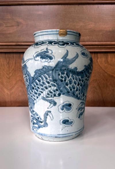 Antique Korean White and Blue Porcelain Jar with Dragon Joseon Dynasty
