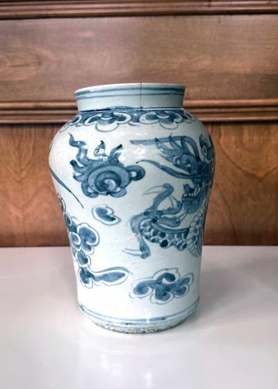 Antique Korean White and Blue Porcelain Jar with Dragon Joseon Dynasty