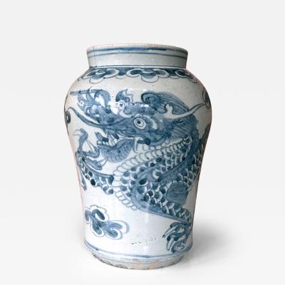 Antique Korean White and Blue Porcelain Jar with Dragon Joseon Dynasty