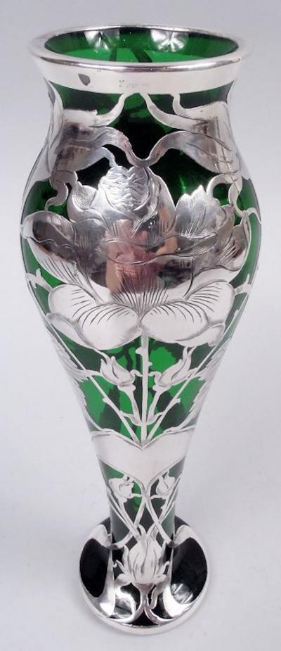 Antique La Pierre American Art Nouveau Green Silver Overlay Vase
