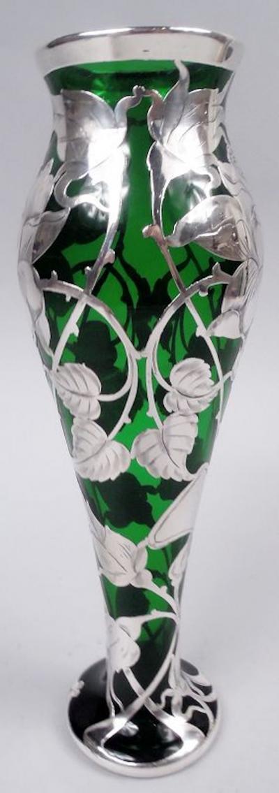 Antique La Pierre American Art Nouveau Green Silver Overlay Vase