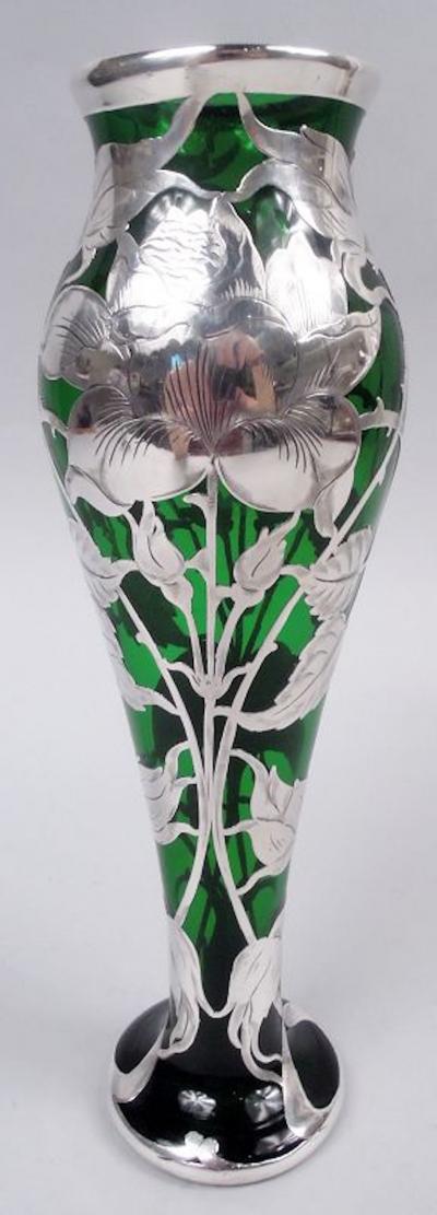 Antique La Pierre American Art Nouveau Green Silver Overlay Vase