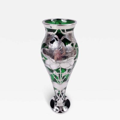 Antique La Pierre American Art Nouveau Green Silver Overlay Vase