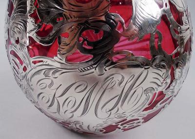 Antique La Pierre Art Nouveau Red Silver Overlay Jug Decanter