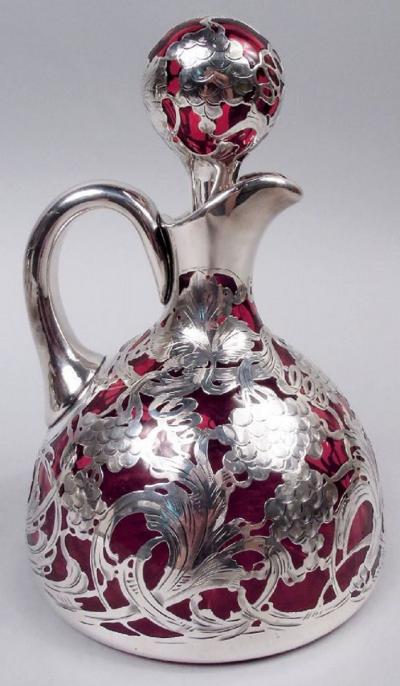 Antique La Pierre Art Nouveau Red Silver Overlay Jug Decanter