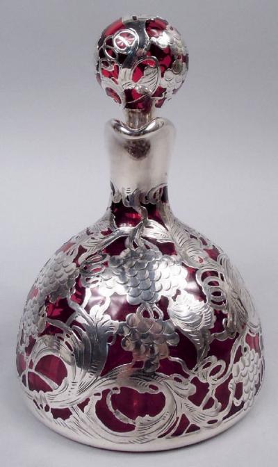 Antique La Pierre Art Nouveau Red Silver Overlay Jug Decanter