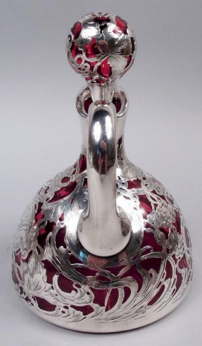 Antique La Pierre Art Nouveau Red Silver Overlay Jug Decanter