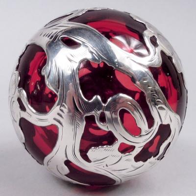 Antique La Pierre Art Nouveau Red Silver Overlay Jug Decanter