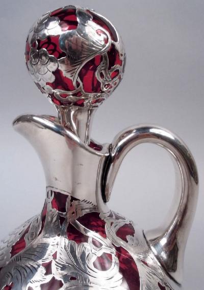 Antique La Pierre Art Nouveau Red Silver Overlay Jug Decanter