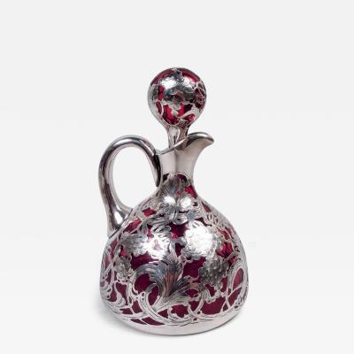 Antique La Pierre Art Nouveau Red Silver Overlay Jug Decanter