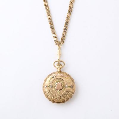 Antique Ladies Hunter Elgin 4 Color Gold Pocket Watch and 18k Gold Chain