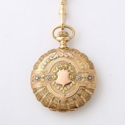 Antique Ladies Hunter Elgin 4 Color Gold Pocket Watch and 18k Gold Chain
