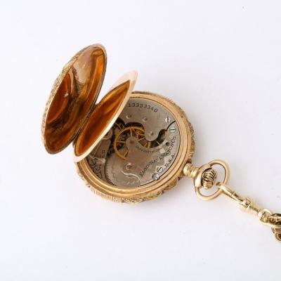 Antique Ladies Hunter Elgin 4 Color Gold Pocket Watch and 18k Gold Chain