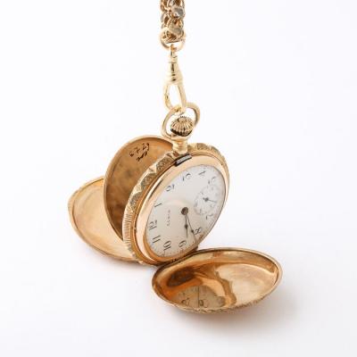 Antique Ladies Hunter Elgin 4 Color Gold Pocket Watch and 18k Gold Chain