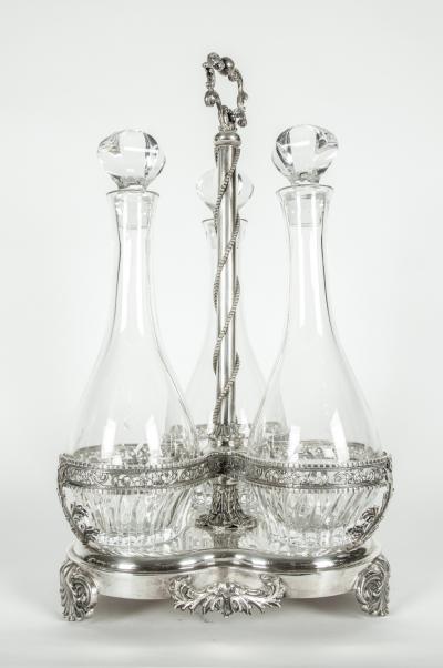 Antique Large Sterling Silver Trefoil Form Three Bottles Decanters