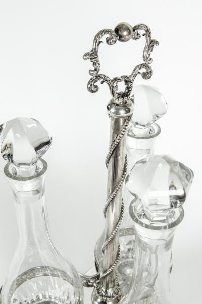 Antique Large Sterling Silver Trefoil Form Three Bottles Decanters