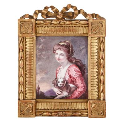 Antique Limoges enamel portrait of woman and lap dog