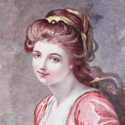 Antique Limoges enamel portrait of woman and lap dog