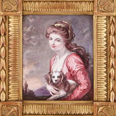 Antique Limoges enamel portrait of woman and lap dog