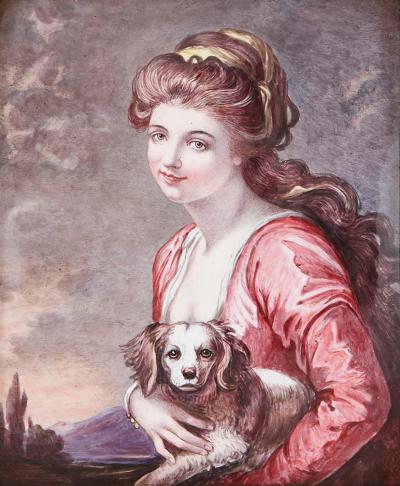 Antique Limoges enamel portrait of woman and lap dog