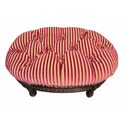 Antique Lions XVI Carved Walnut Silk Velvet Tufted Petite Footstool Ottoman