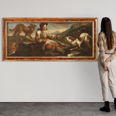 Antique Lombard painting from the 17th century the shepherd with his dogs
