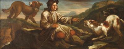 Antique Lombard painting from the 17th century the shepherd with his dogs