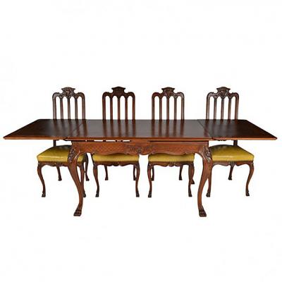 Antique Louis XIV Oak Dining Table and Six Chairs
