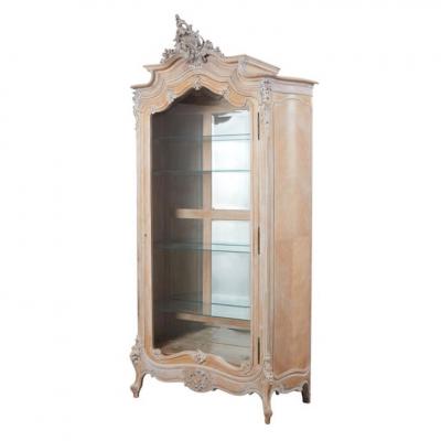 Antique Louis XV Style Limed Oak Vitrine Showcase Display Cabinet