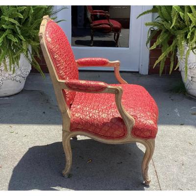 Antique Louis XV Style Pickled Oak Pink Silk Fauteuil Arm Chair