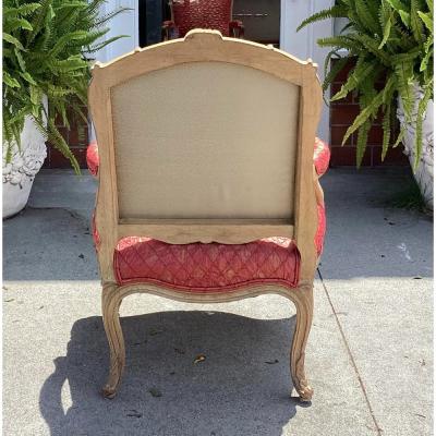 Antique Louis XV Style Pickled Oak Pink Silk Fauteuil Arm Chair