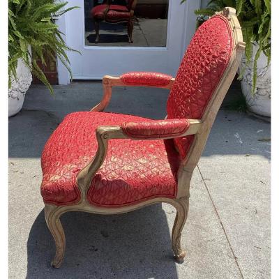 Antique Louis XV Style Pickled Oak Pink Silk Fauteuil Arm Chair