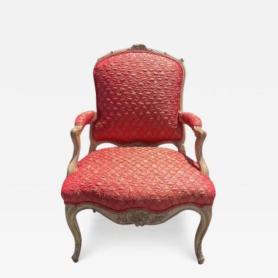 Antique Louis XV Style Pickled Oak Pink Silk Fauteuil Arm Chair
