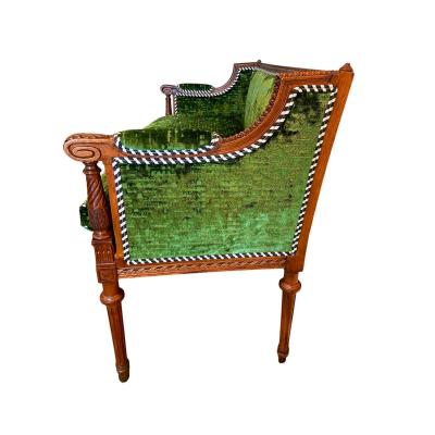 Antique Louis XVI Emerald Green Silk Velvet Sofa Settee