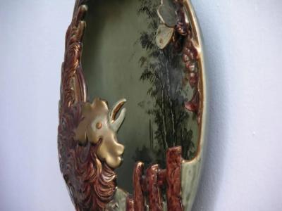 Antique Lun ville French Green Brown Gold Majolica Butterfly Wall Pocket Vase