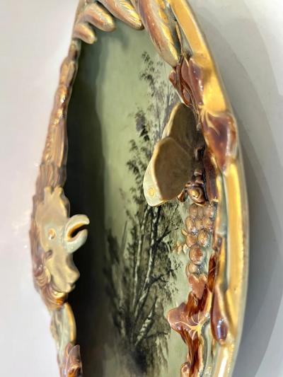 Antique Lun ville French Green Brown Gold Majolica Butterfly Wall Pocket Vase