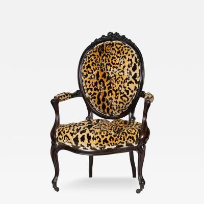 Antique Mahogany Rococo Arm Chair Scalamandre Leopardo Silk Velvet